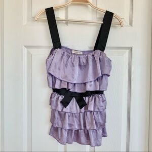 Arden B Purple Lavender Satin Tiered Ruffle Bow Front Ribbon Strap Top